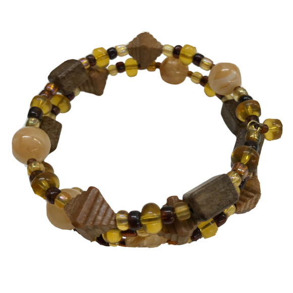 Vintage Coil Wrap Bracelet Orange and Wood Beads Beaded Boho Look - Picture 1 of 8